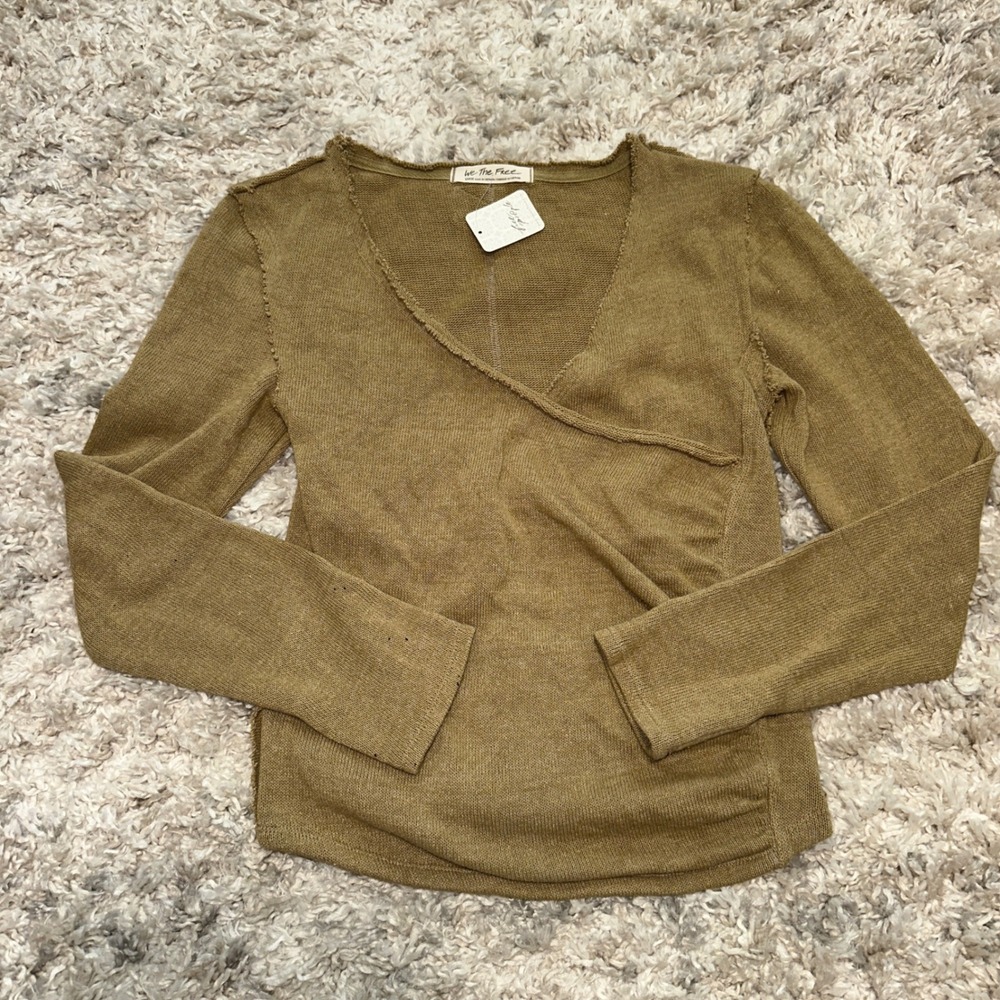 Free People We The Free Moss Green Wrap Knit Top OB1353292 Boho Raw Edge Large